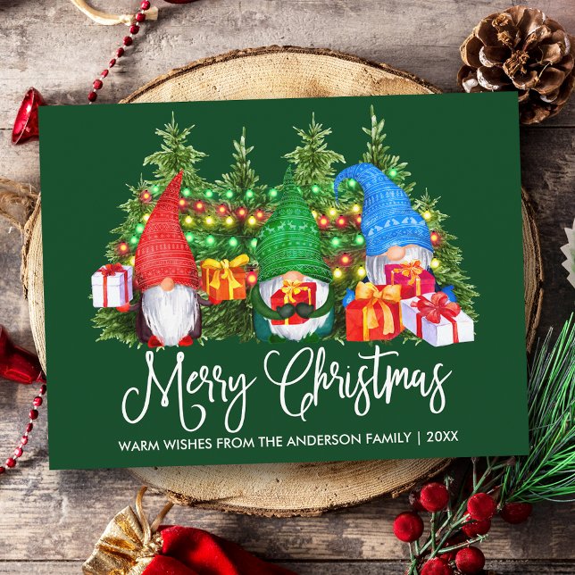 Roligt Calligraphy God jul Gnomes Grönt Vykort (Customize to change your personalized text size or text style.)
