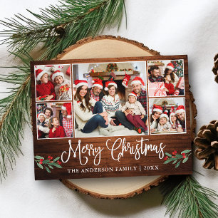 Roligt Calligraphy God jul Wood Holly 5 Photo Vykort