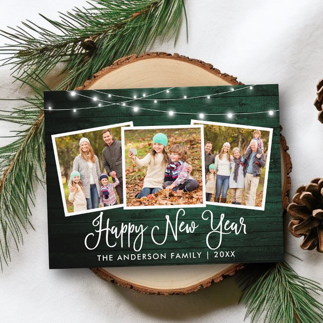 Roligt Calligraphy Grönt Wood Ljus 3 Photo nyyear Vykort (Customize to change your personalized text size or text style.)