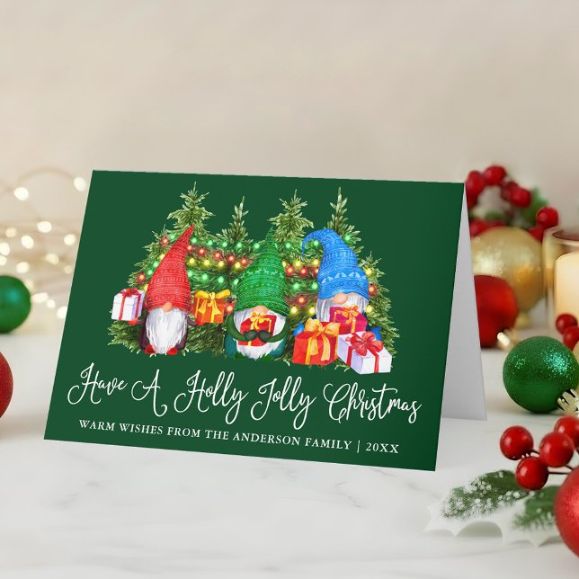 Roligt Calligraphy Holly Jolly JELGnomes Fold Helgkort (Customize to add text to inside of card.)