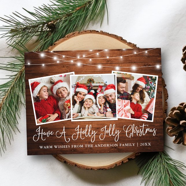 Roligt Calligraphy Holly Jolly jul Wood Ljus Vykort (Customize to change your personalized text size or text style.)