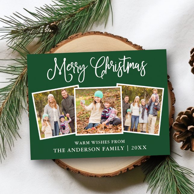 Roligt Calligraphy jul 3 Photos Grönt Vykort (Customize to change your personalized text size or text style.)