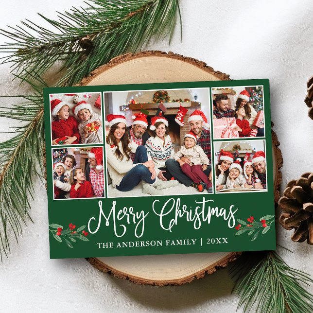 Roligt Calligraphy jul Holly 5 Photo Grönt Vykort (Customize to change your personalized text size or text style.)