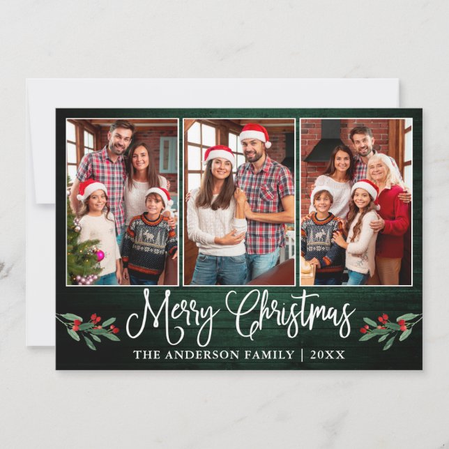 Roligt Calligraphy jul Holly Grönt Wood Photo Julkort (Framsida)