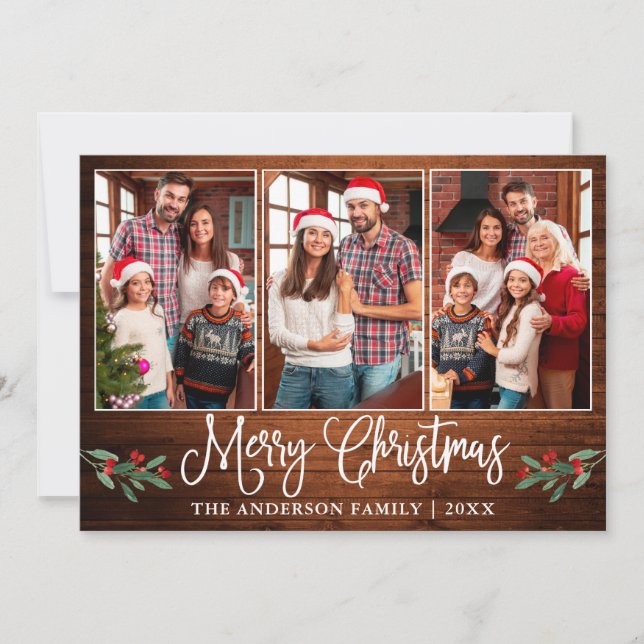 Roligt Calligraphy jul Holly Rustic Wood Photo Julkort (Framsida)