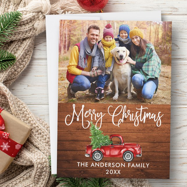 Roligt Calligraphy jul Wood Red Lastbil Photo Julkort (Customize to add text to back of card.)