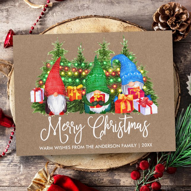 Roligt Calligraphy Kraft God jul Gnomes Vykort (Customize to change your personalized text size or text style.)