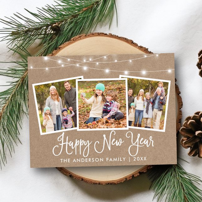 Roligt Calligraphy Kraft Ljus 3 Photo nyyear Vykort (Customize to change your personalized text size or text style.)