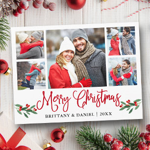 Roligt Calligraphy Red Holly 5 Photo Couple jul Vykort