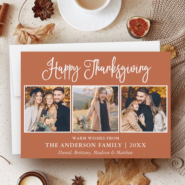 Roligt Calligraphy Thanksgiving Terracotta 3 Foton Julkort (Customize to add text to back of card.)