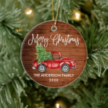 Roligt Calligraphy Vintage Red Lastbil Wood jul Julgransprydnad Keramik<br><div class="desc">Modern Roligt Calligraphy Script Watercolor Vintage Red Lastbil med Julgran - God jul Ornament - Rustic Land Wood Print</div>