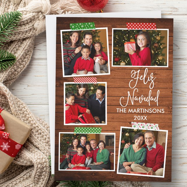 Roligt Calligraphy Wood Feliz Navidad Craft Tape Julkort (Customize to add text to back of card.)