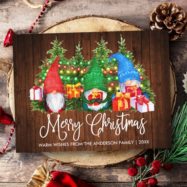 Roligt Calligraphy Wood God jul Gnomes Vykort (Customize to change your personalized text size or text style.)