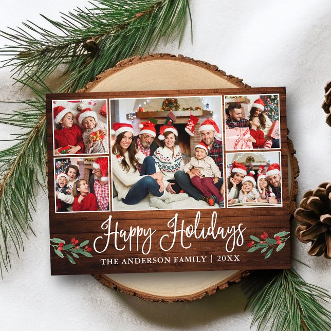 Roligt Calligraphy Wood Holly 5 Photo Glad helg Vykort (Customize to change your personalized text size or text style.)
