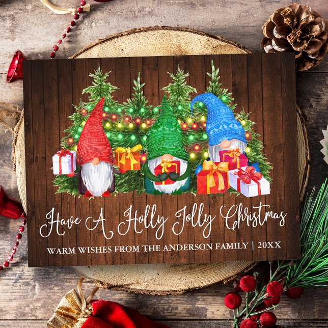 Roligt Calligraphy Wood Holly Jolly julgrunger Vykort (Customize to change your personalized text size or text style.)
