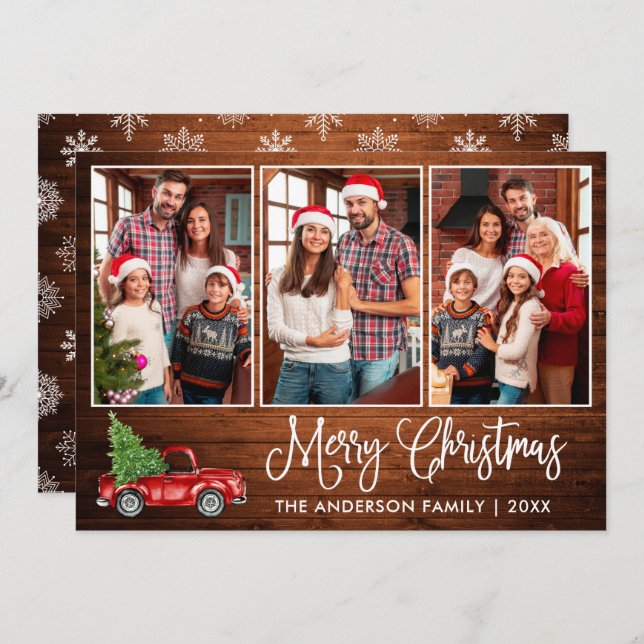 Roligt Calligraphy Wood jul Red Lastbil 3 Photo Julkort (Fram/baksida)