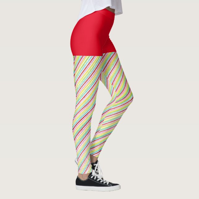 Roligt Candy cane-strimlade skinn med rött överkan Leggings (Höger)