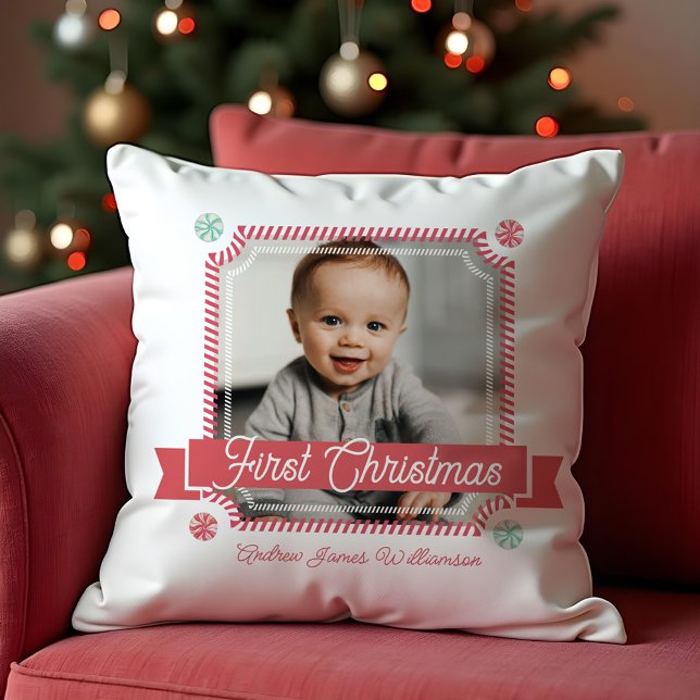 Roligt Candy Första jul Candy cane Photo Ram Kudde (Fun Candy First Christmas Candy Cane Photo Frame Throw Pillow)
