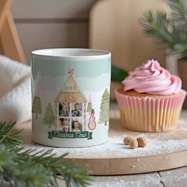 Roligt Candy Gingertea House jul Crew 4 Photo Kaffemugg (Fun Candy Gingerbread House Christmas Crew 4 Photo Coffee Mug)
