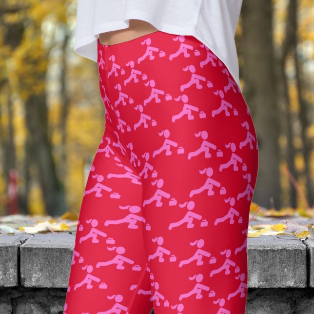 Roligt Candy Red and Rosa Womens Curling Mönster Leggings (Womens Curling on Candy Apple Red Leggings)