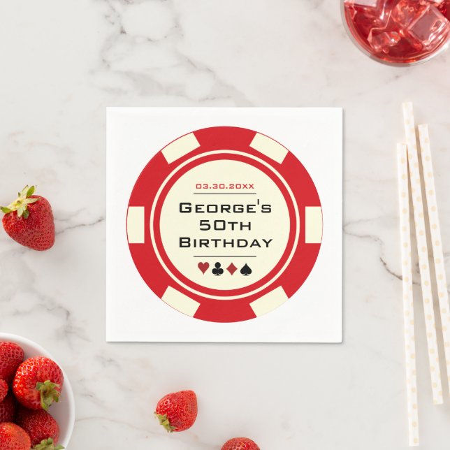 Roligt Casino Poker Chip i Red and Cream Birthday Pappersservett (Insitu)