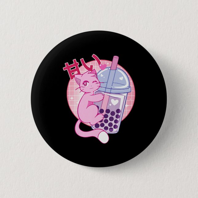 Roligt Cat Boba Tea Bubble Tea Anime Kawaii Gift G Knapp (Framsida)