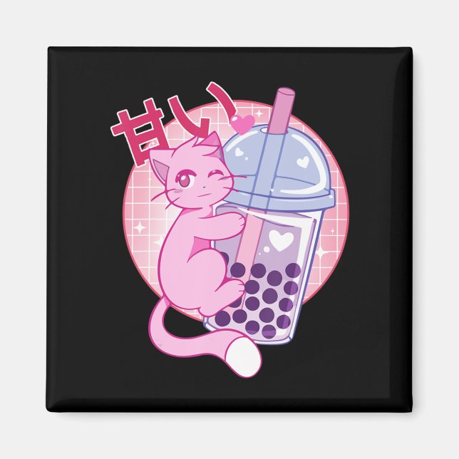 Roligt Cat Boba Tea Bubble Tea Anime Kawaii Gift G Magnet (Framsidan)