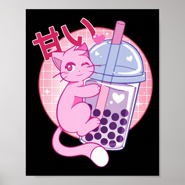 Roligt Cat Boba Tea Bubble Tea Anime Kawaii Gift G Poster (Framsidan)