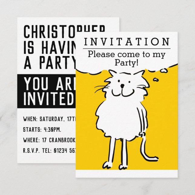 Roligt Cat Design Party-inbjudan Inbjudningar (Fram/baksida)