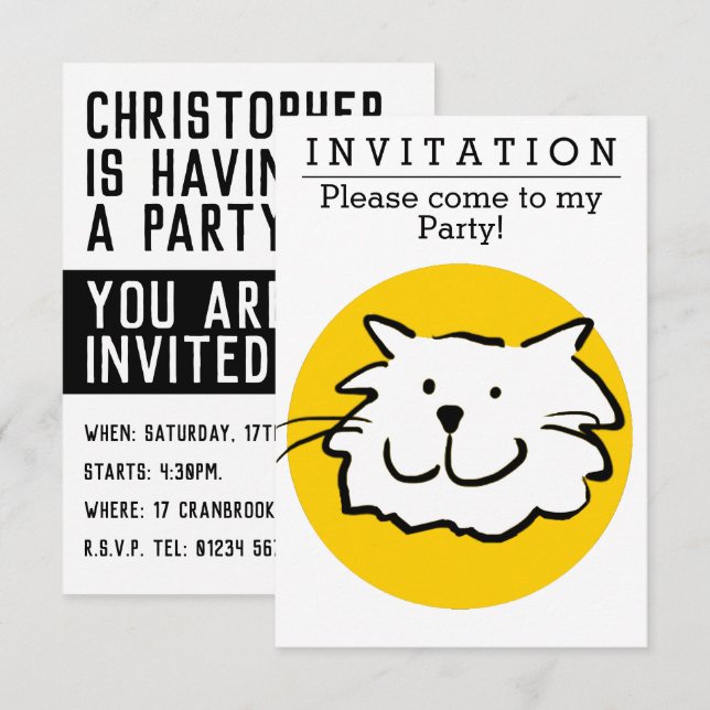 Roligt Cat Design Party-inbjudan Inbjudningar (Fram/baksida)