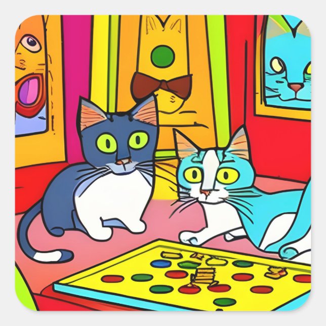 Roligt Cat Game Night Fyrkantigt Klistermärke (Framsida)