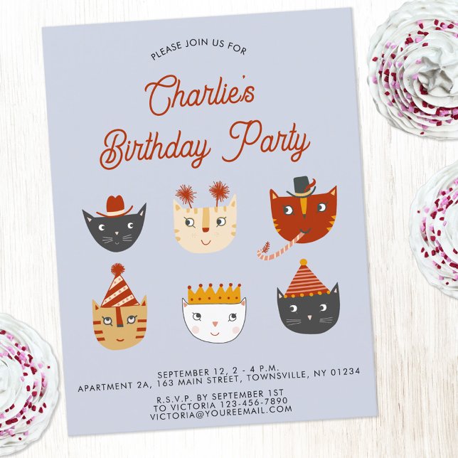 Roligt Cat Personlig Födelsedagsfest inbjudan (Fun kitty cat themed birthday party invitation postcard with custom text)