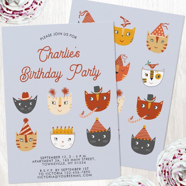 Roligt Cat Personlig Födelsedagsfest inbjudan (Fun kitty cat personalized birthday party invitation for animal lovers)