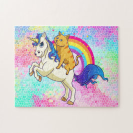 Roligt Cat riding a Unicorn on a Rainbow Backgroun Pussel