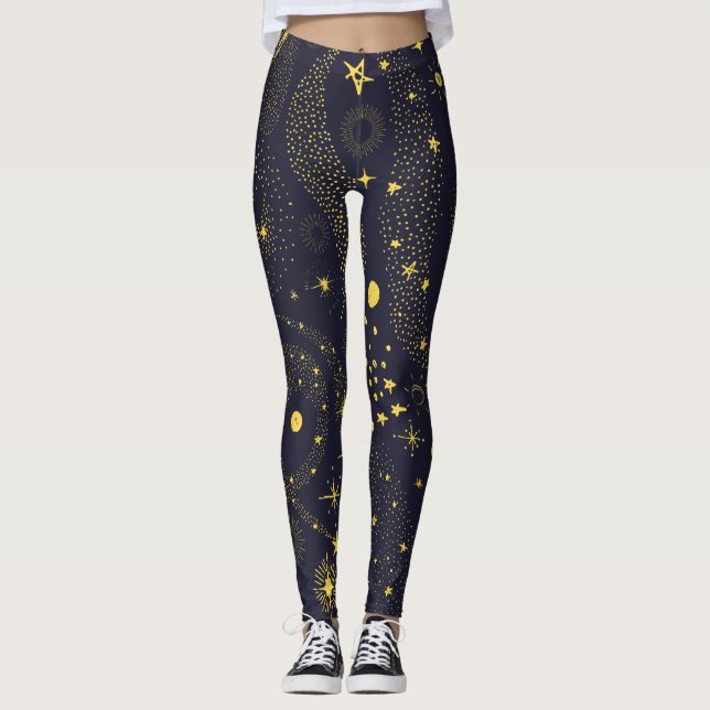 Roligt Celestial Doodles Galaxy Mönster Black Leggings (Framsida)