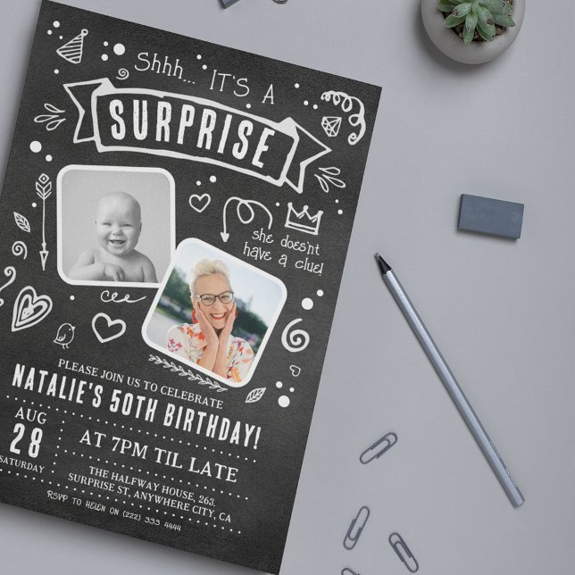 Roligt Chalkboard Doodle 2 Photo Surprise Birthday Inbjudningar (Skapare uppladdad)