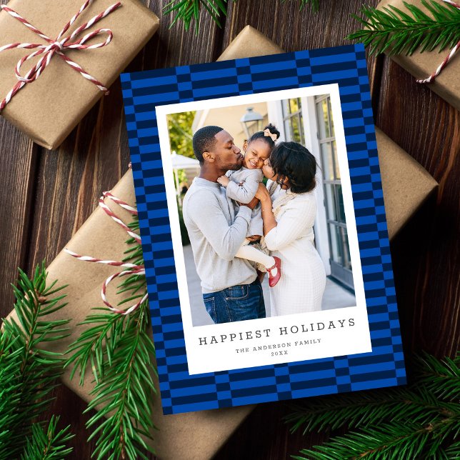 Roligt Checkated Anpassade Färg 1 Photo BLUE Julkort (Skapare uppladdad)
