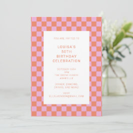 Roligt Checkerboard Rosa Orange Geometric Birthday Inbjudningar