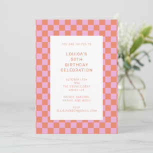 Roligt Checkerboard Rosa Orange Geometric Birthday Inbjudningar