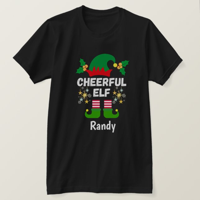 Roligt Cheerful Elf - Knuffa julnamngivningskort T Shirt (Design framsida)