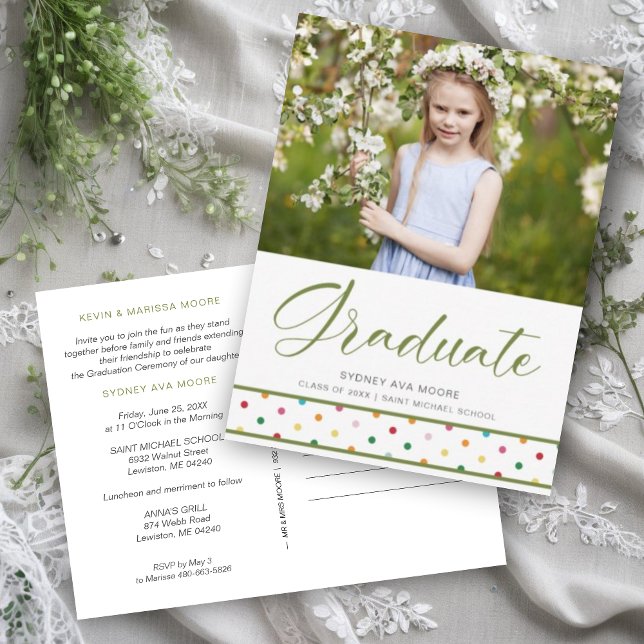 Roligt Cherzed Grönt Polka dots Grad Photo Grad Vykort (Funny Cherish Green Polka Dots Grad Photo Graduation Invitation Card.)