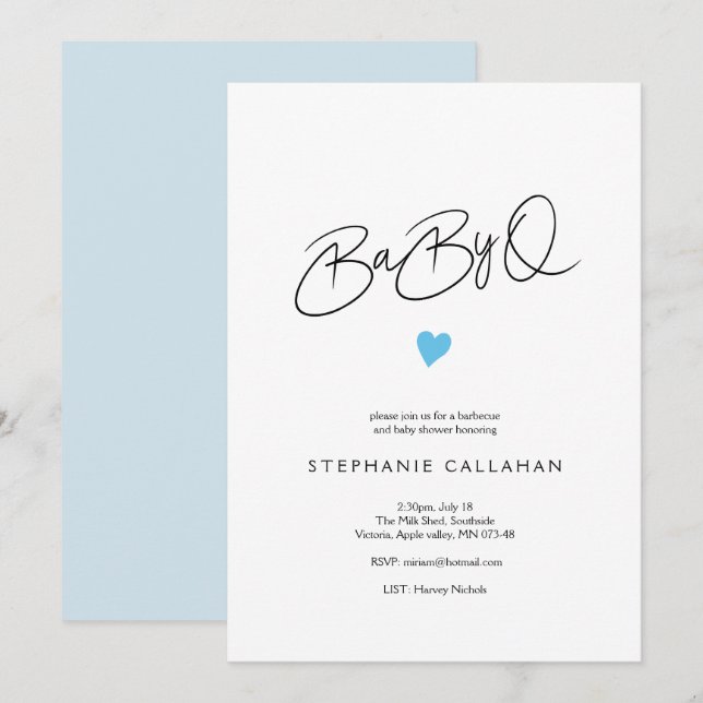 Roligt Chic Baby Baby Q Shower Blue Heart Motif Inbjudningar (Fram/baksida)