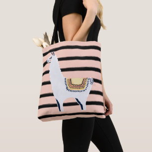 Roligt chic llama- & randmönster i rosa och svart tygkasse