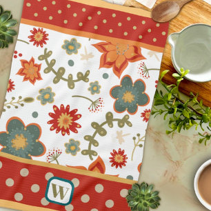 Roligt Chic Modern Dots Blommigt Monogram Initial Kökshandduk