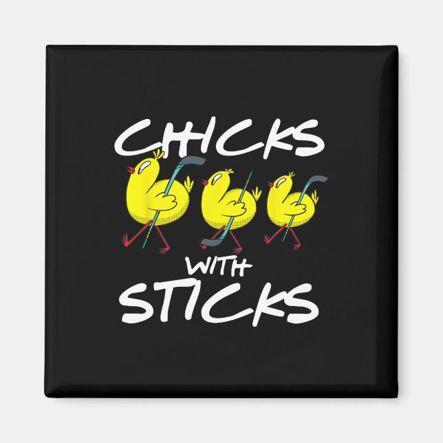 Roligt Chickar med Sticks Ice Hockey Chicken Magnet (Framsidan)