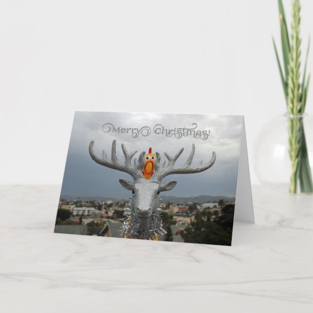 Roligt Chicken och Rudolph julhälsningskort! Helgkort (Framsida)