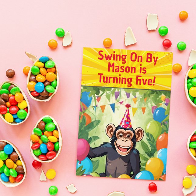 Roligt Chimpanzee Barn Vild Jungle Birthday Inbjudningar (Fun Chimpanzee Jungle Kid's Birthday Party Invitation.)