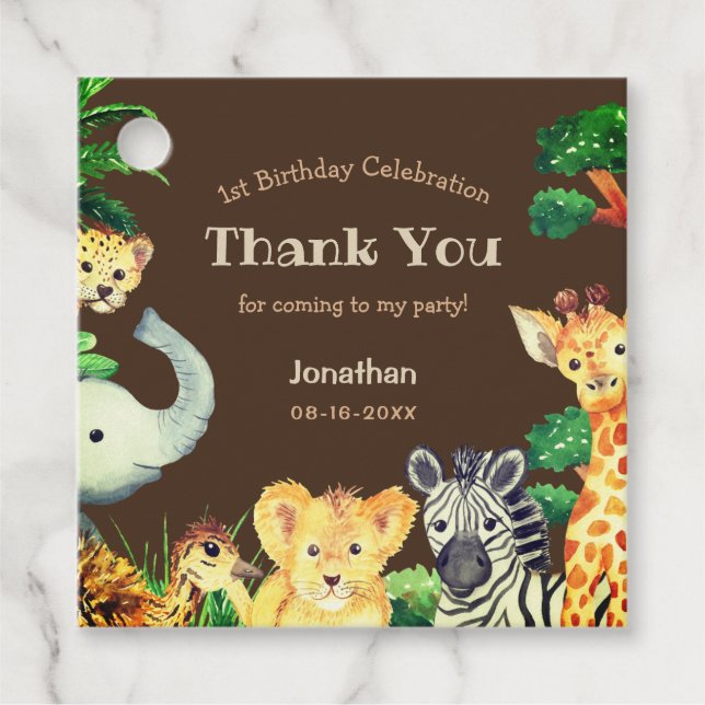 Roligt Chocolate Brown Jungle Vilda djur Birthday Gåvor Etiketter (Framsida)