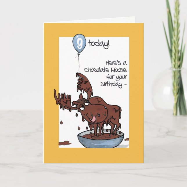 Roligt Choklad Moose med ballongen 9:e födelsedag Kort (Framsida)