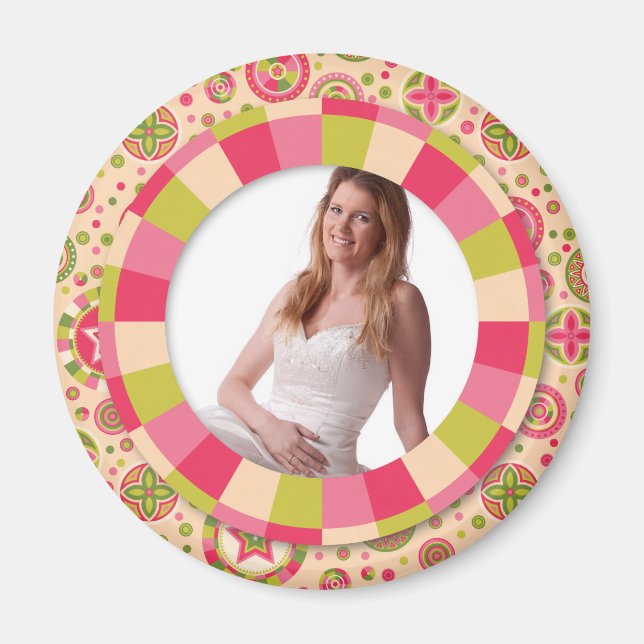 Roligt Circle ram - rosa löv på mönster Magnet (Framsidan)